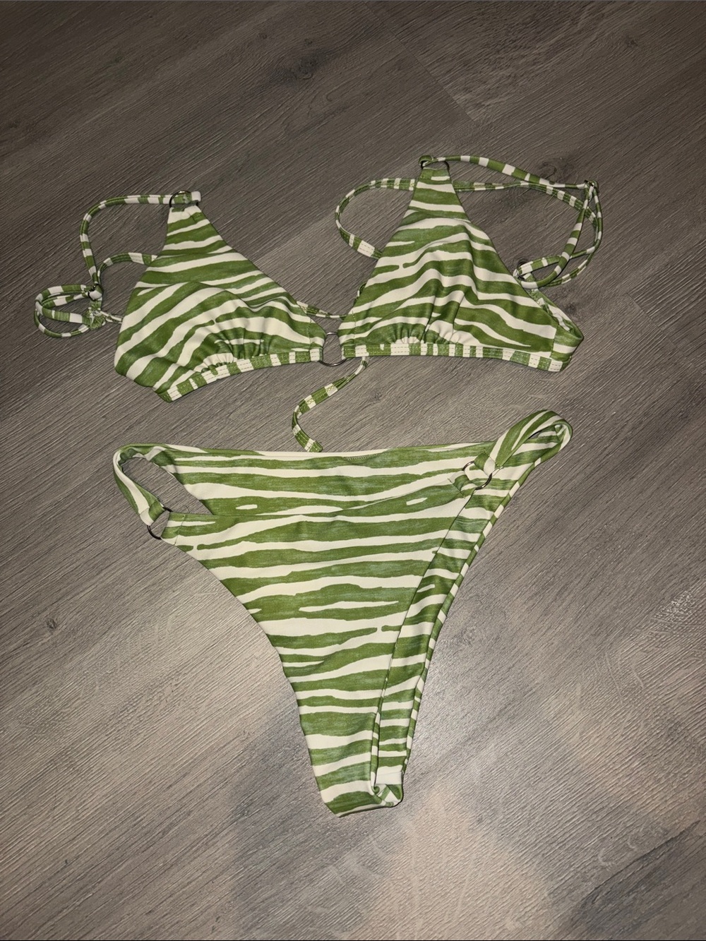 SHEIN Green and White Zebra Print Triangle Bikini